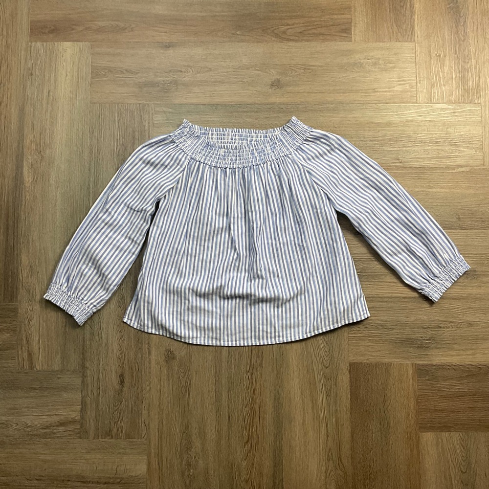 Rag & Bone JEAN Drew Striped Smocked Off Shoulder Top Womens Blue White XS Boho